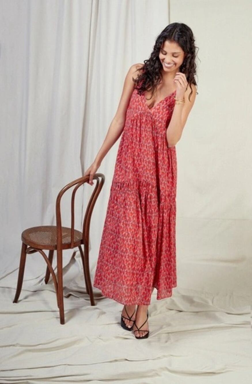 Joie Red Tea Rose Printed Bondi Tiered Cotton Summer Boho Midi Dress XL